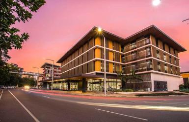 An image showing the CDU Waterfront Campus in the evening.